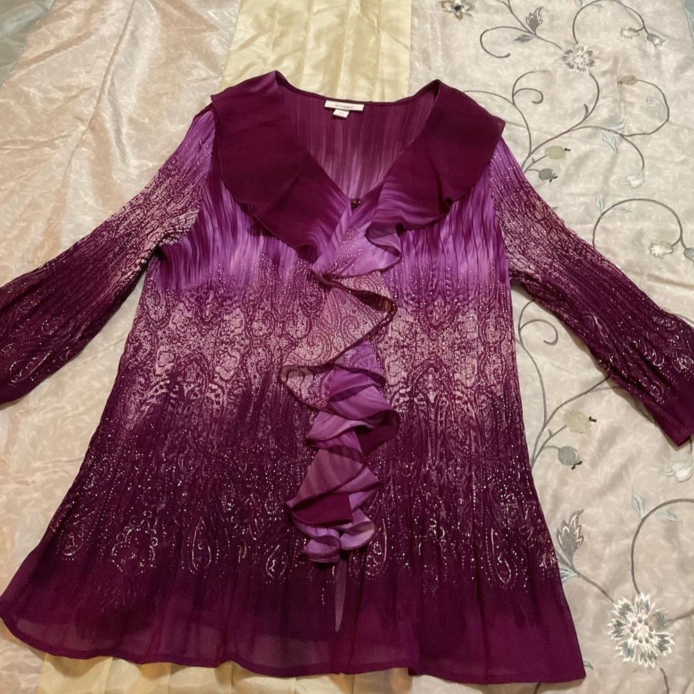 Purple Dressbarn 2X womens blouse with ruffles down the front, v~neck sparkles